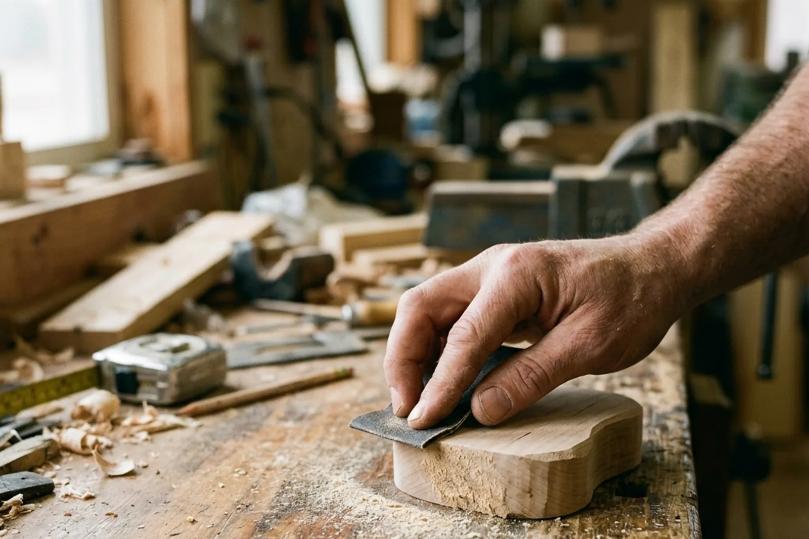 A hand sanding the edge of a wooden prototype block on a workbench.