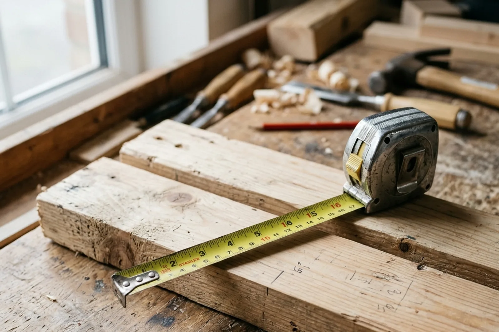 A metal tape measure across cut timber planks on a workbench.